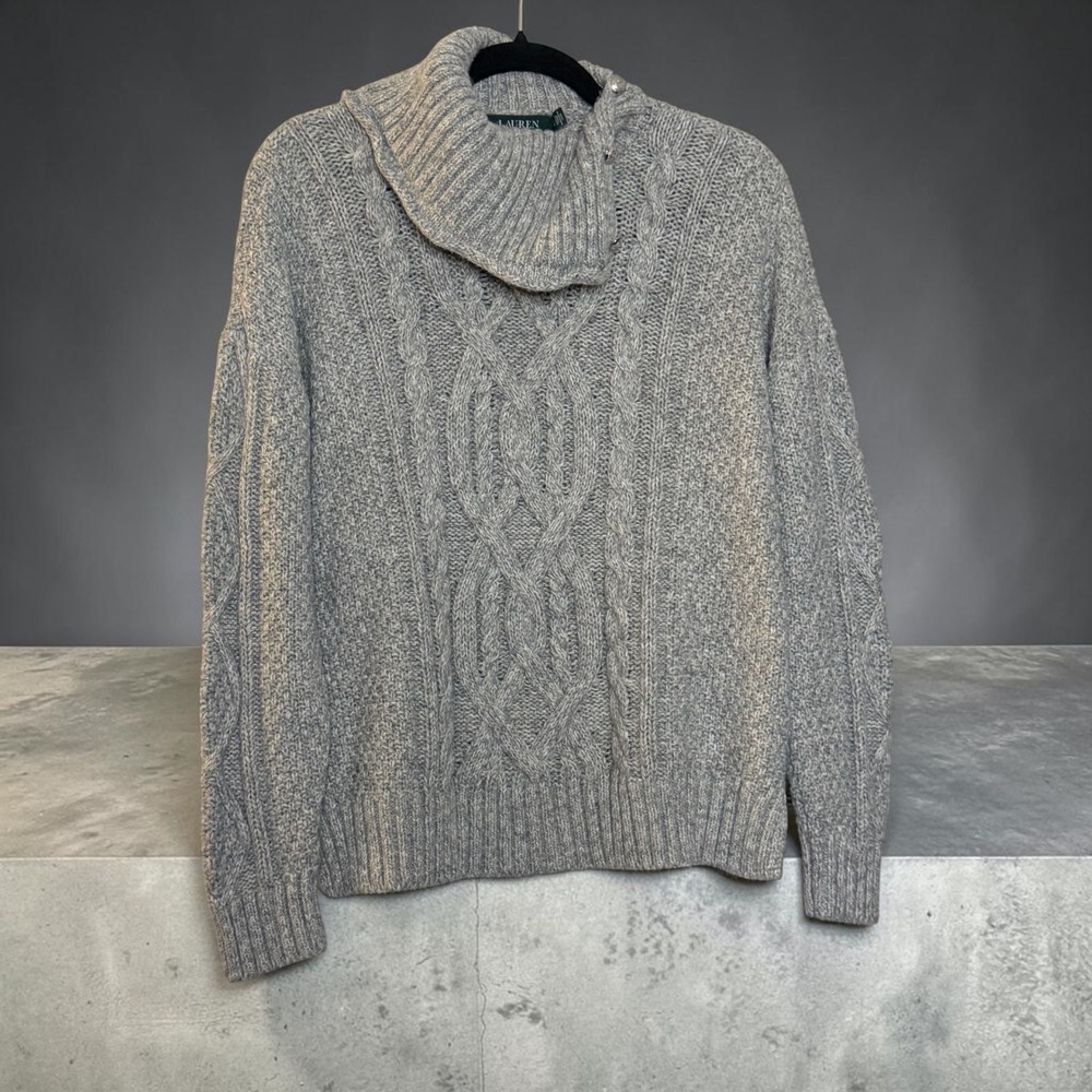 Lauren Ralph Lauren Grey Cable Knit Button Cowl Neck Sweater XL